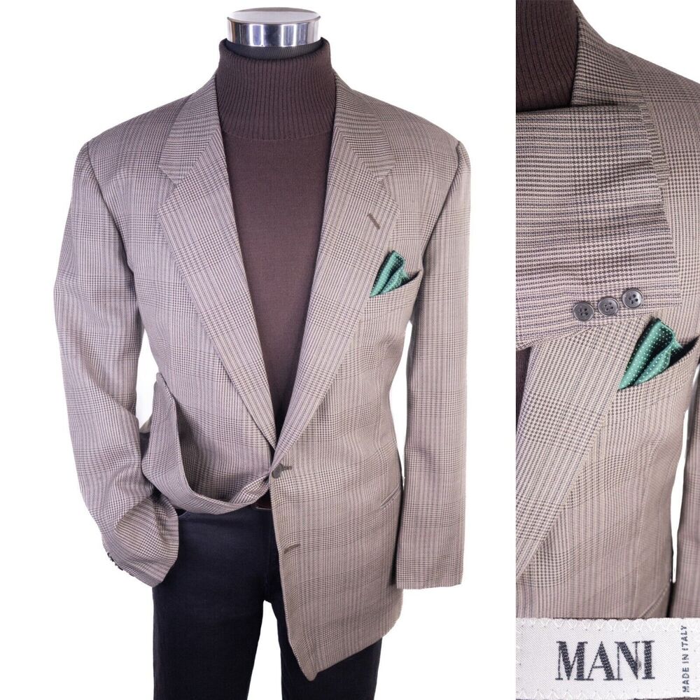 MANI Vintage Sport Coat Jacket Blazer Men Size 44R Brown Plaid Two Button WOOL